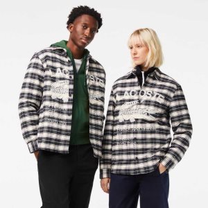 Lacoste Branded Check Print Overshirt ασπρα μαυρα μπλε | CI4605183