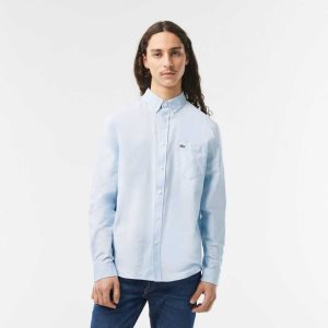 Lacoste Buttoned Collar Oxford βαμβακερα μπλε | MD8390754