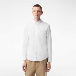 Lacoste Buttoned Collar Oxford βαμβακερα ασπρα | PV5180279