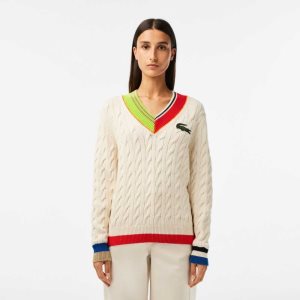 Lacoste Cable Knit Color Twist V-Neck ασπρα | VC7840529