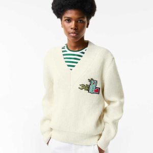 Lacoste Comic Badge V-Neck Μαλλί ασπρα | JP2047539
