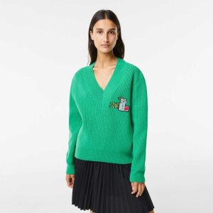 Lacoste Comic Badge V-Neck Μαλλί πρασινο | NV2703489