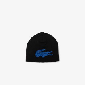 Lacoste Contrast Crocodile Reversible Beanie μαυρα μπλε | HK5892476