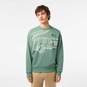 Lacoste Crew Neck Loose Fit Croc Print Χακί πρασινο | AO5628307