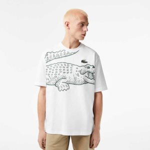 Lacoste Crew Neck Loose Fit Crocodile Print ασπρα | RE9218476