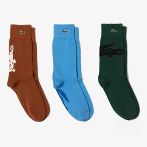 Lacoste Crocodile Pattern Sock Three-Pack καφε ασπρα πρασινο μαυρα μπλε | UN0976843