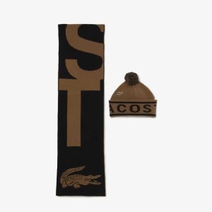 Lacoste Jacquard Knit Beanie And Scarf Gift Set καφε μαυρα | TM2758960