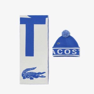 Lacoste Jacquard Knit Beanie And Scarf Gift Set μπλε ασπρα | ZD0279615