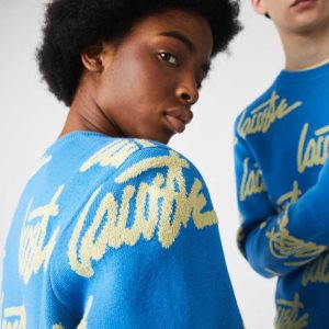 Lacoste LIVE Lettering Crew Neck βαμβακερα Blend μπλε κίτρινα | CE9682537