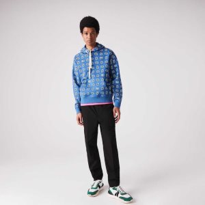 Lacoste LIVE Loose Fit Print βαμβακερα Hoodie μπλε ασπρα | HD3891425
