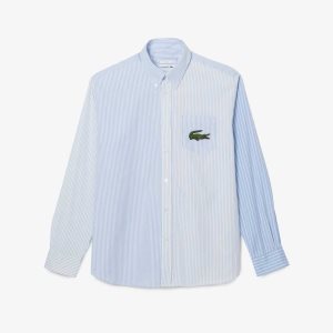 Lacoste Large Crocodile Ριγέ βαμβακερα Shirt ασπρα μπλε | QC3501946