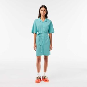 Lacoste Linen/βαμβακερα Blend Belted Button μεντα | XF3680249