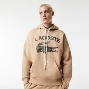 Lacoste Loose Fit Crocodile Κουκουλοφόρος Μπεζ | EU7129563