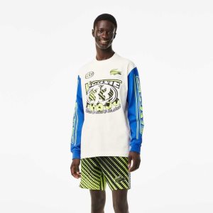 Lacoste Loose Fit Long Sleeve Printed ασπρα μπλε | BR2647581