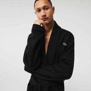 Lacoste Loose Fit Long Textured βαμβακερα Knit Bathrobe μαυρα | DU4731692