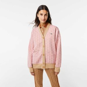 Lacoste Loose Fit Monogram Print Cardigan ανοιχτο ροζ Μπεζ | FE0812693