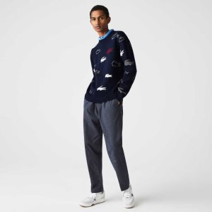 Lacoste Made In France Crew Neck Organic βαμβακερα Jacquard σκουρο μπλε μπλε ασπρα | YV0154369