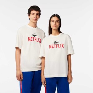 Lacoste Netflix Loose Fit Organic βαμβακερα T-Shirt ασπρα | BH4672389