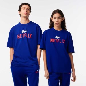 Lacoste Netflix Loose Fit Organic βαμβακερα T-Shirt μπλε | GI5794682