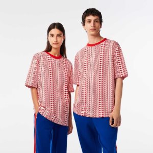 Lacoste Netflix Loose Fit Printed T-Shirt ασπρα κοκκινα | JS8697513