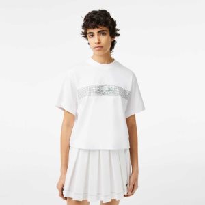 Lacoste Oversized Net Print Jersey T-Shirt ασπρα | BV5627843