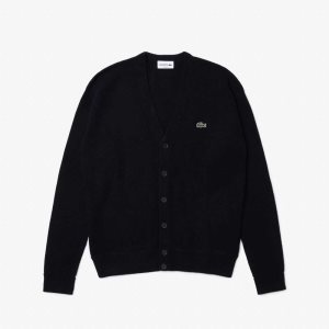 Lacoste Relaxed Fit Tone-on-Tone Buttons Μαλλί Cardigan σκουρο μπλε μπλε | PQ6172890