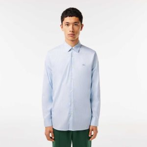 Lacoste Slim Fit Check Stretch Poplin ασπρα μπλε | RJ9283071