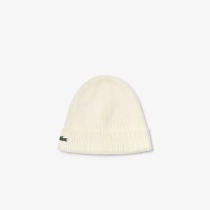 Lacoste Turned Edge Πλευρωτός Μαλλί Beanie ασπρα | RV2950163
