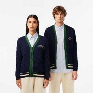 Lacoste V-Neck Cable Knit Organic βαμβακερα Cardigan σκουρο μπλε μπλε ασπρα | HX3291546