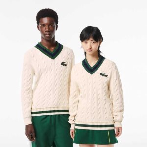 Lacoste V-Neck Cable Knit in Organic βαμβακερα ασπρα | ZT6570213