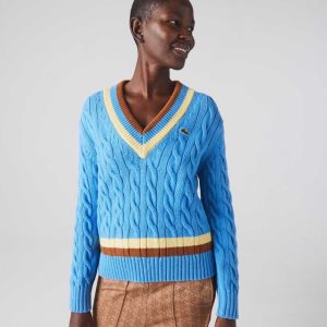 Lacoste V-Neck Cable Knit Μαλλί μπλε κίτρινα καφε | WS7052986