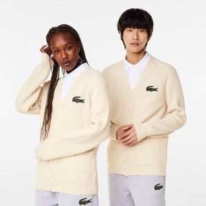 Lacoste V-Neck Organic βαμβακερα Cardigan ασπρα | LT5064218