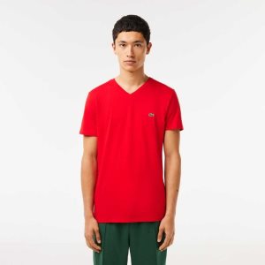 Lacoste V-Neck Pima βαμβακερα Jersey κοκκινα | GY9370614