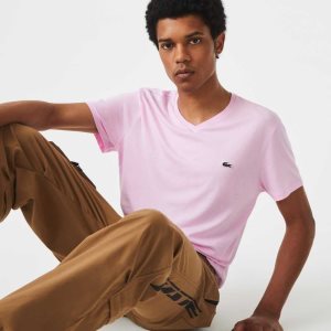 Lacoste V-Neck Pima βαμβακερα Jersey ροζ | ZM8106547