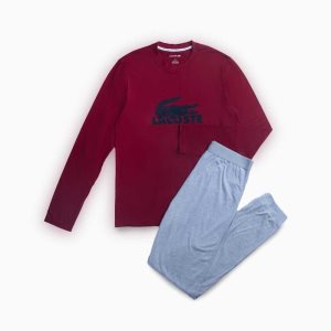 Lacoste Velvet Logo Long Pajama Set μπορντο σκούρο γκρι γκρι | DY6205178