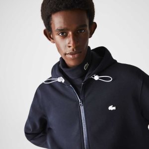 Lacoste Κουκουλοφόρος βαμβακερα Blend Lettered Zip σκουρο μπλε μπλε | ZV7108942