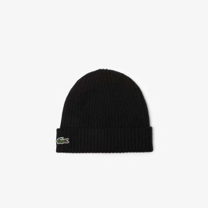 Lacoste Πλευρωτός Μαλλί Beanie μαυρα | XN8619275