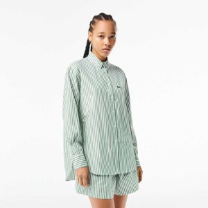 Lacoste Ριγέ βαμβακερα Poplin Shirt πρασινο ασπρα | NM4831567