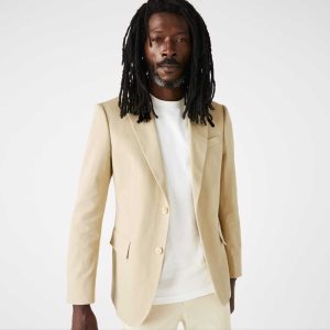 Lacoste βαμβακερα And Linen Blend Πλισέ Blazer Μπεζ | DB1526740