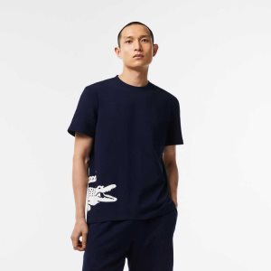 Lacoste βαμβακερα Jersey Contrast Print T-Shirt σκουρο μπλε μπλε ασπρα | AG3671480