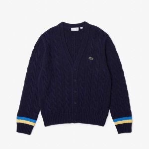 Lacoste κλασικα Fit Contrast Ριγέ Cardigan σκουρο μπλε μπλε κίτρινα μπλε | VM5129634