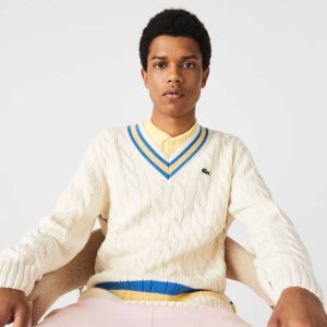 Lacoste κλασικα Fit Contrast Ριγέ Μαλλί ασπρα κίτρινα μπλε | SN5426809
