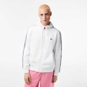 Lacoste κλασικα Fit Zipped Hoodie with Brand Stripes ασπρα | IY2560791