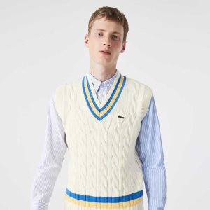 Lacoste κλασικα Fit Μαλλί Vest ασπρα κίτρινα μπλε | OD1259034