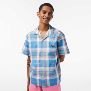 Lacoste κοντο Sleeve Organic βαμβακερα Check μπλε ασπρα | FB3469172
