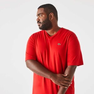 Lacoste ψηλεσ Fit Πλευρωτός V-Neck βαμβακερα Polo κοκκινα | CB4937120