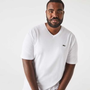 Lacoste ψηλεσ Fit Πλευρωτός V-Neck βαμβακερα Polo ασπρα | MV0573294