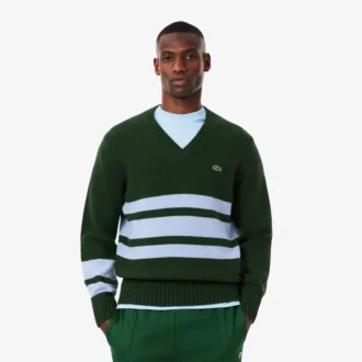 Ανδρικό ριγέ μάλλινο πουλόβερ με V λαιμόκοψη