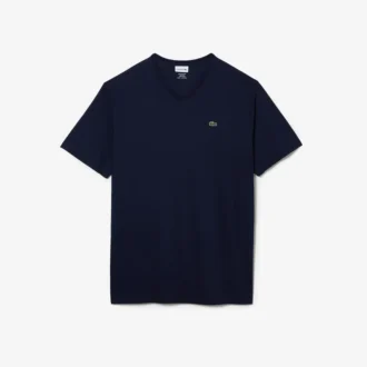 Ανδρικό βαμβακερό T-shirt με ραβδωτό V-neck και ψηλό σωματότυπο Ανδρικό βαμβακερό T-shirt με ραβδωτό V-neck και ψηλό σωματότυπο