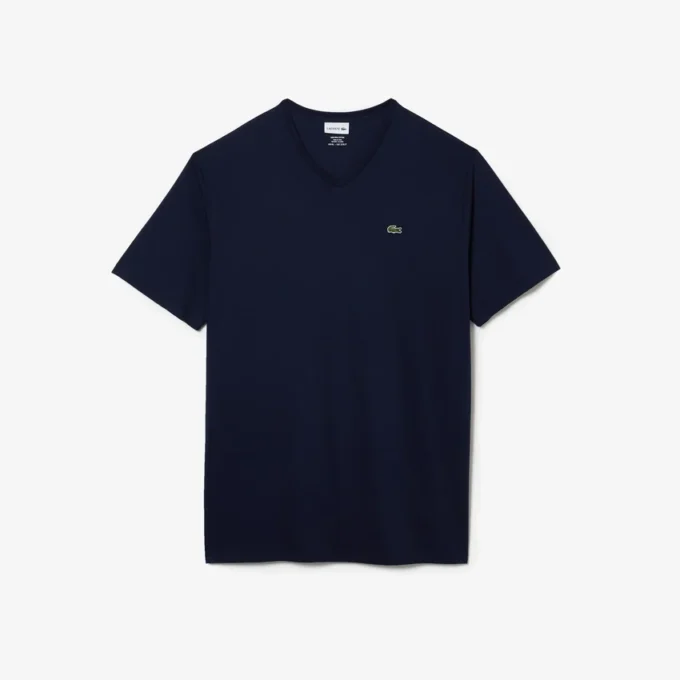 Ανδρικό βαμβακερό T-shirt με ραβδωτό V-neck και ψηλό σωματότυπο